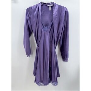 Delicates Satin Robe /Nightgown Set Purple Floral Lingerie Sleepwear Size Small